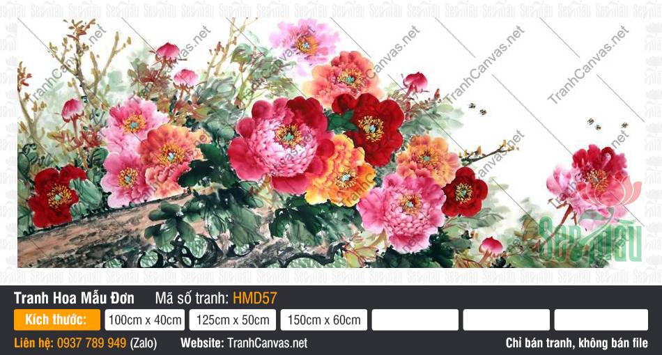 Tranh Hoa Mẫu Đơn Phòng Khách HMD57, Tranh Hoa Mẫu Đơn Phong Thủy, Tranh Hoa Mẫu Đơn, Nhận In Tranh Canvas Tranh hoa mẫu đơn phòng khách HMD57 vẽ thủy mặc đa sắc rực rỡ trên cành cổ thụ