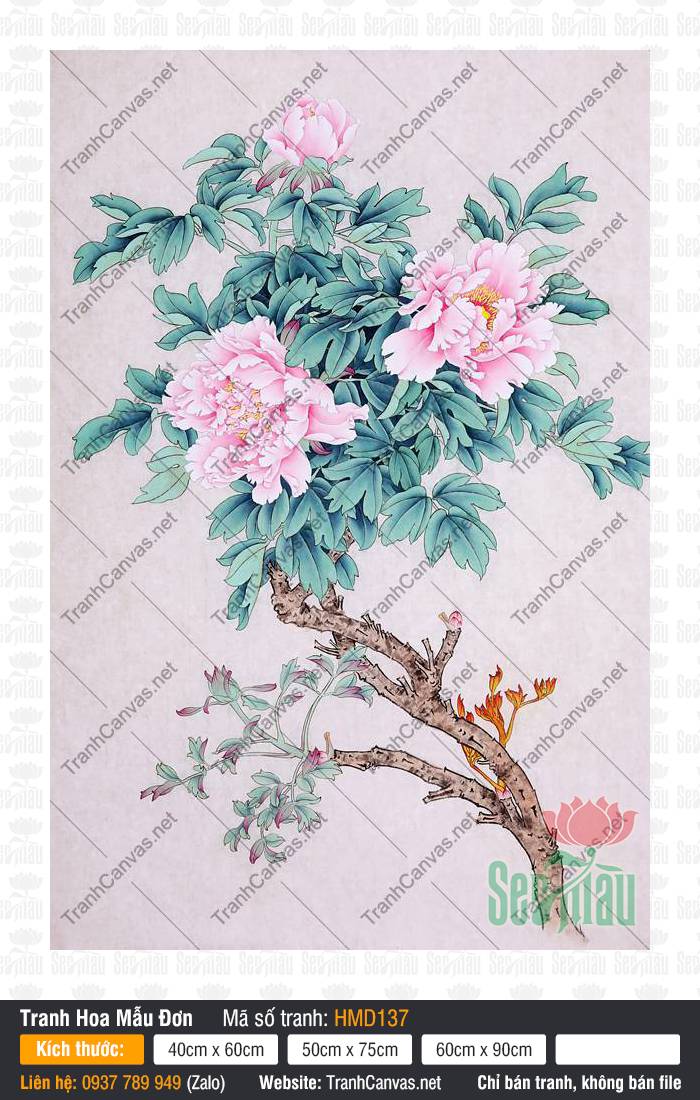 Tranh Hoa Mẫu Đơn Treo Tường HMD137 Tranh Hoa Mẫu Đơn Treo Tường phác họa đóa hoa mẫu đơn hồng cùng cành lá gân guốc