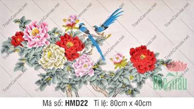 Bức Tranh Hoa Mẫu Đơn HMD22, sắc hoa rực rỡ bên cặp chim lam Bức Tranh Hoa Mẫu Đơn HMD22, sắc hoa rực rỡ bên cặp chim lam