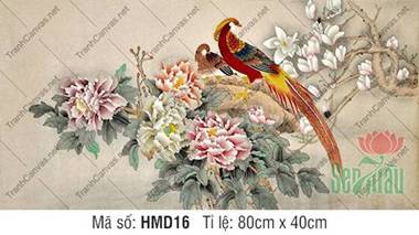 Hình Hoa Mẫu Đơn Đẹp HMD16, Bức Họa Sắc Mộc Lan Cùng Chim Trĩ Hình Hoa Mẫu Đơn Đẹp HMD16, Bức Họa Sắc Mộc Lan Cùng Chim Trĩ