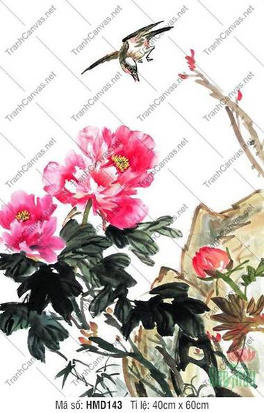 Hình Hoa Mẫu Đơn HMD143, Nét Thủy Mặc Sắc Hồng Thắm Hình Hoa Mẫu Đơn HMD143, Nét Thủy Mặc Sắc Hồng Thắm