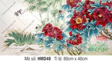 Hình Hoa Mẫu Đơn HMD40, Sắc Đỏ Nhung Bên Khóm Trúc Hình Hoa Mẫu Đơn HMD40, Sắc Đỏ Nhung Bên Khóm Trúc