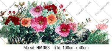 Tranh Hoa Mẫu Đơn Đẹp HMD53, vòm hoa ngũ sắc bên mỏm đá cổ Tranh Hoa Mẫu Đơn Đẹp HMD53, vòm hoa ngũ sắc bên mỏm đá cổ