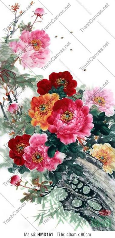 Tranh Hoa Mẫu Đơn Hiện Đại HMD161, Sắc Hoa Đa Sắc Bên Đá Cổ Tranh Hoa Mẫu Đơn Hiện Đại HMD161, Sắc Hoa Đa Sắc Bên Đá Cổ
