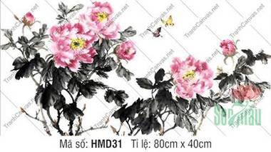 Tranh Hoa Mẫu Đơn Khổ Lớn HMD31, nét vẽ thủy mặc vờn bướm Tranh Hoa Mẫu Đơn Khổ Lớn HMD31, nét vẽ thủy mặc vờn bướm