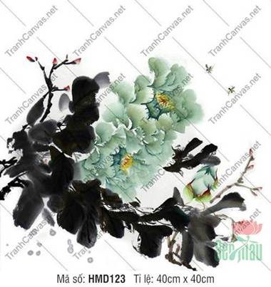 Tranh Hoa Mẫu Đơn May Mắn HMD123, Vẻ Đẹp Thủy Mặc Sắc Xanh Tranh Hoa Mẫu Đơn May Mắn HMD123, Vẻ Đẹp Thủy Mặc Sắc Xanh