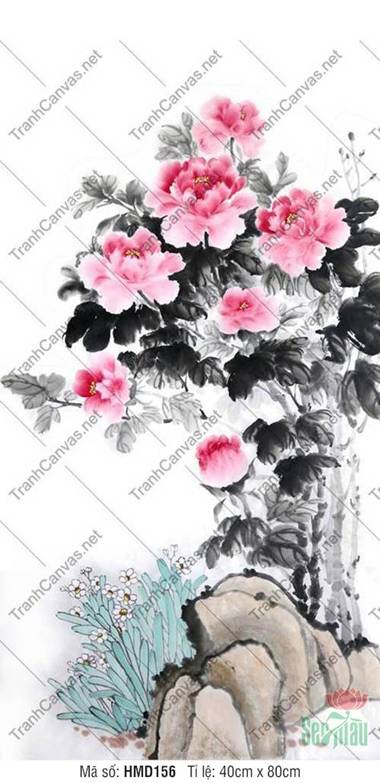 Tranh Hoa Mẫu Đơn May Mắn HMD156, Sắc Hồng Thủy Mặc Bên Đá Cổ Tranh Hoa Mẫu Đơn May Mắn HMD156, Sắc Hồng Thủy Mặc Bên Đá Cổ
