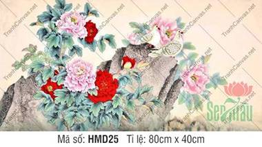 Tranh Hoa Mẫu Đơn May Mắn HMD25, Sắc Hoa Rực Rỡ Bên Đá Cảnh Tranh Hoa Mẫu Đơn May Mắn HMD25, Sắc Hoa Rực Rỡ Bên Đá Cảnh