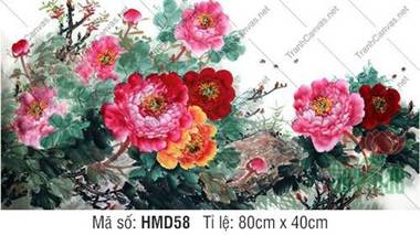 Tranh Hoa Mẫu Đơn Phong Thủy HMD58, sắc hoa hồng thắm rực rỡ Tranh Hoa Mẫu Đơn Phong Thủy HMD58, sắc hoa hồng thắm rực rỡ
