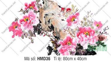 Tranh Mẫu Đơn Khai Hoa Phú Quý HMD36, sắc hồng thủy mặc điểm hoa mai Tranh Mẫu Đơn Khai Hoa Phú Quý HMD36, sắc hồng thủy mặc điểm hoa mai