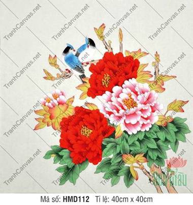 Tranh Vẽ Hoa Mẫu Đơn Đẹp HMD112, khóm hoa đỏ hồng cùng đôi chim xanh Tranh Vẽ Hoa Mẫu Đơn Đẹp HMD112, khóm hoa đỏ hồng cùng đôi chim xanh