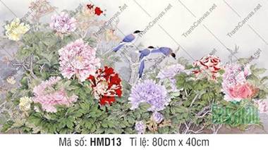 Tranh Vẽ Hoa Mẫu Đơn HMD13, Rực Rỡ Sắc Hoa Và Đôi Chim Tranh Vẽ Hoa Mẫu Đơn HMD13, Rực Rỡ Sắc Hoa Và Đôi Chim