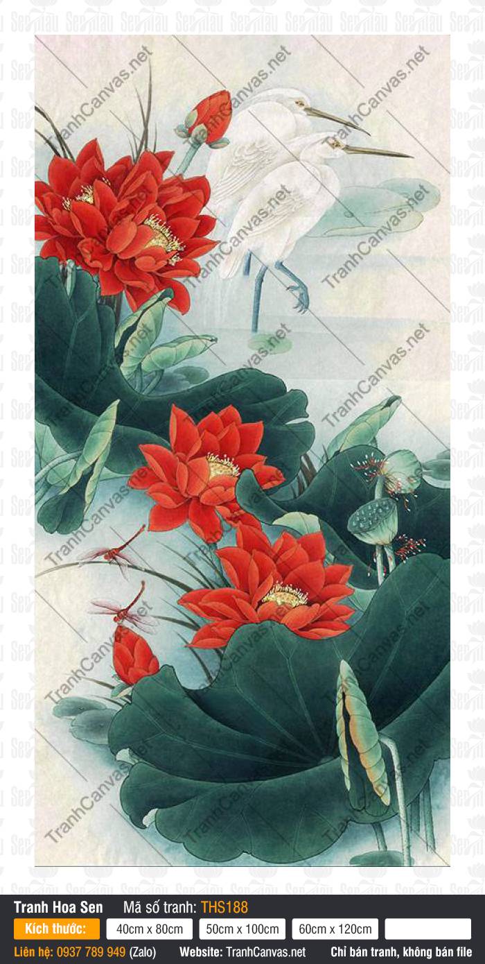 Hình Ảnh Hoa Sen THS188 Hình Ảnh Hoa Sen THS188 phác họa sắc hoa sen đỏ cùng chim hạc trắng công bút