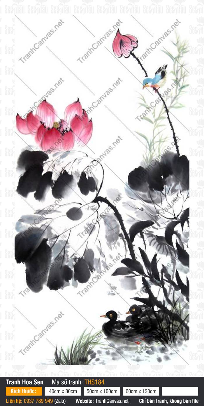Hình Hoa Sen Siêu Đẹp THS184 Hình Hoa Sen Siêu Đẹp THS184 phong cách thủy mặc sắc hồng thắm kết hợp đôi chim nước