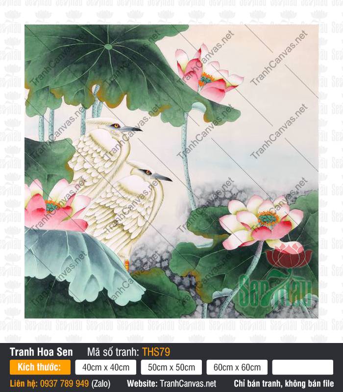Hoa Sen Nghệ Thuật THS79 Bức Hoa Sen Nghệ Thuật THS79 phác họa đôi chim cò nương náu bên đầm sen phớt hồng
