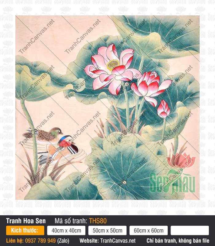 Mẫu Tranh Hoa Sen Đẹp THS80 Mẫu Tranh Hoa Sen Đẹp THS80 phác họa sen hồng rực rỡ bên cặp uyên ương