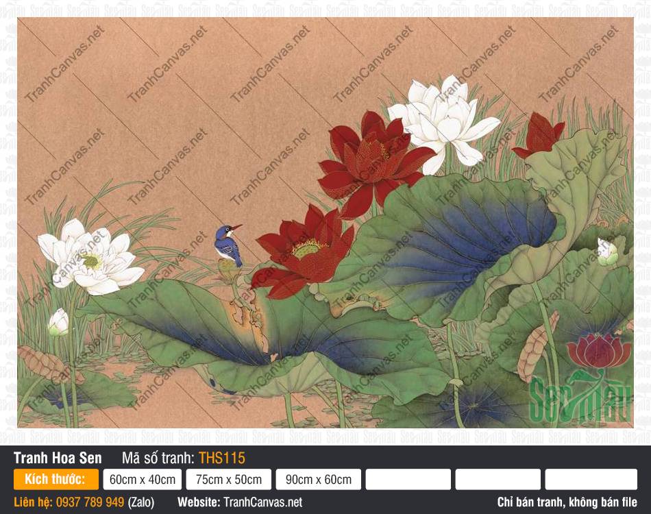 Tranh Hoa Sen Canvas THS115 Tranh Hoa Sen Canvas THS115 vẽ đóa hoa sen đỏ thắm cùng chim bói cá phương Đông