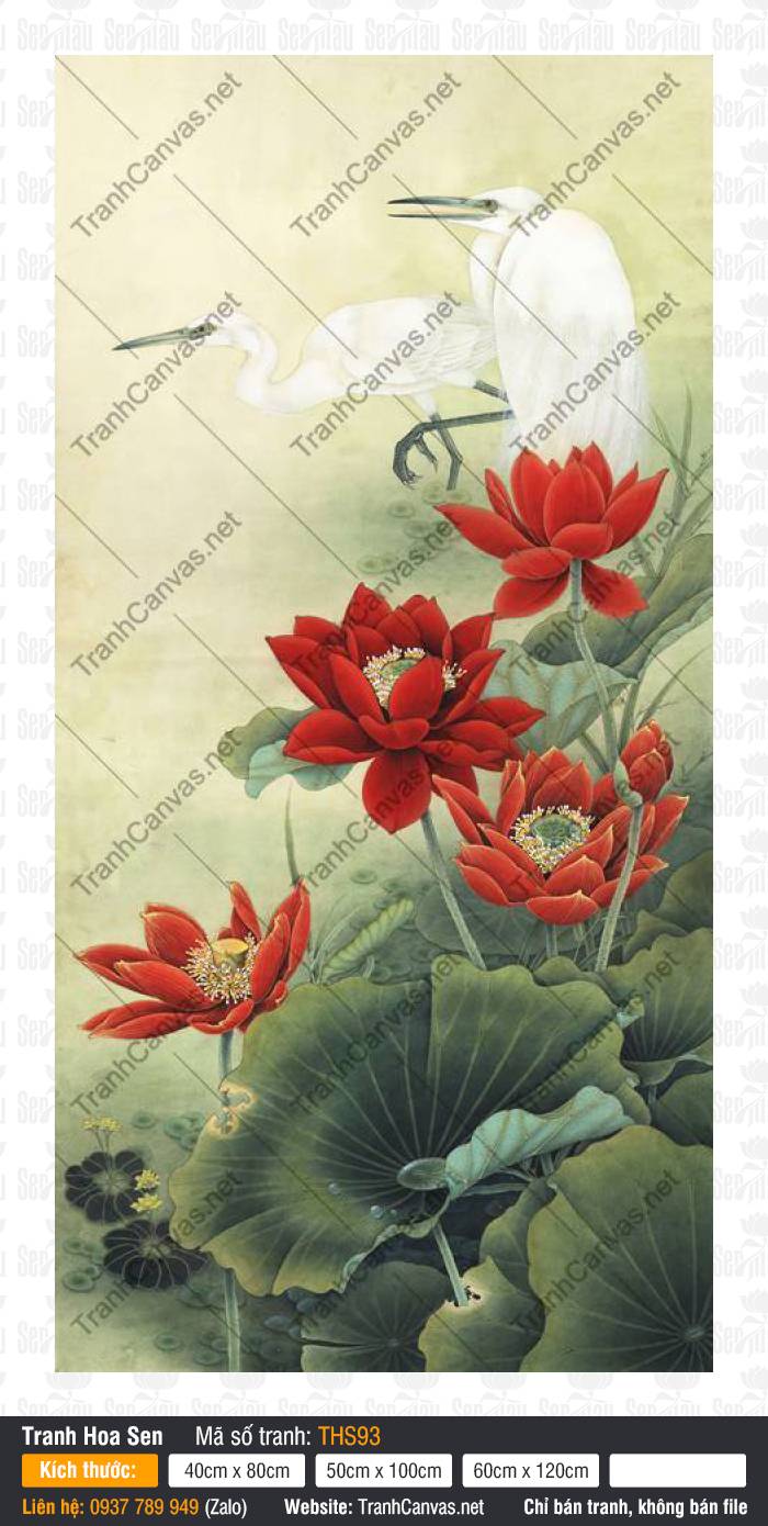 Tranh Hoa Sen Đỏ THS93 Bức Tranh Hoa Sen Đỏ THS93 với chùm hoa đỏ thắm kiêu hãnh bên chim cò trắng