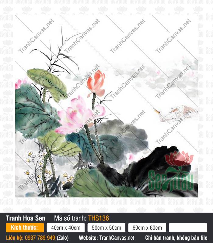 Tranh Hoa Sen Treo Phòng Ngủ THS136 Tranh hoa sen treo phòng ngủ thể hiện đóa sen hồng thủy mặc và chim hạc trắng