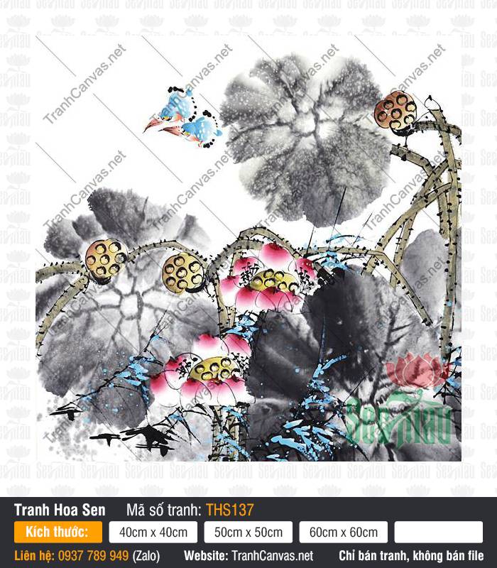Tranh hoa sen treo phòng thờ THS137 vẽ sen hồng thủy mặc bên chim bói cá