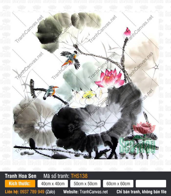 Tranh Treo Tường Phòng Khách Hoa Sen THS138 Tác phẩm Tranh Treo Tường Phòng Khách Hoa Sen THS138 phô diễn sắc sen hồng và chim bói cá