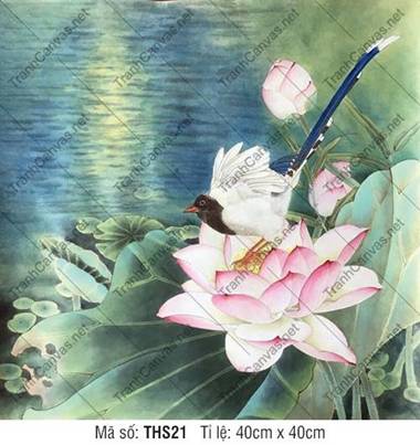Bức Tranh Hoa Sen Đẹp THS21, nét cọ thanh tao chim xanh lượn đài sen Bức Tranh Hoa Sen Đẹp THS21, nét cọ thanh tao chim xanh lượn đài sen