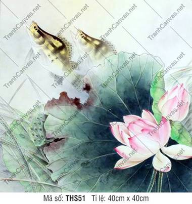 Hình Ảnh Tranh Hoa Sen Đẹp THS51, đóa sen hồng cùng đôi cá Hình Ảnh Tranh Hoa Sen Đẹp THS51, đóa sen hồng cùng đôi cá