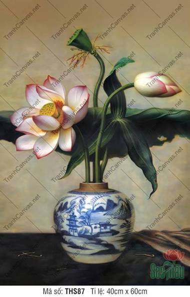 Tranh Bình Hoa Sen THS87, bình gốm sứ lam và đóa hoa rực rỡ
