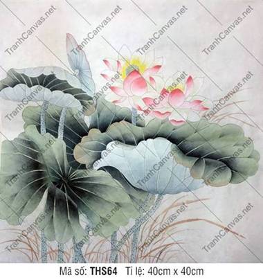 Tranh Hoa Sen Canvas THS64, sắc hồng nở rộ trên nền lụa
