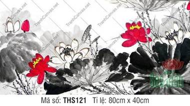 Tranh Hoa Sen Khổ Ngang THS121, Sắc Đỏ Thủy Mặc Nổi Bật Tranh Hoa Sen Khổ Ngang THS121, Sắc Đỏ Thủy Mặc Nổi Bật
