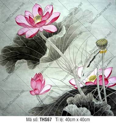 Tranh Hoa Sen Lớn THS67, sắc hồng tỉ mỉ và nét lá thủy mặc