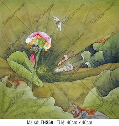 Tranh Hoa Sen Phong Thủy THS69, điểm xuyết chuồn chuồn đậu đầm sen