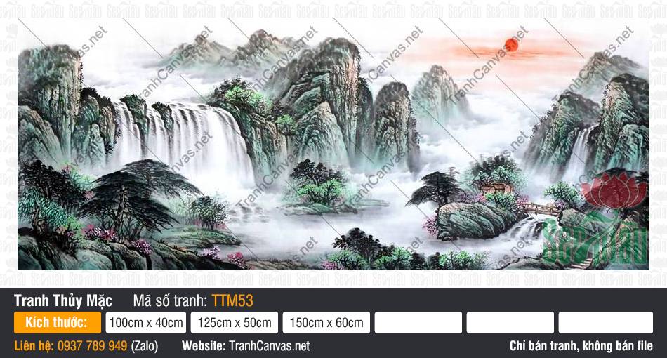 Bán Tranh Thủy Mặc TTM53 Bán Tranh Thủy Mặc TTM53 phác họa dòng thác cuồn cuộn bên dải núi xanh ngọc