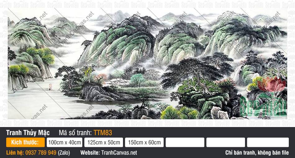 Bán Tranh Thủy Mặc TTM83 Bán Tranh Thủy Mặc TTM83 phong cảnh sơn thủy núi xanh chập chùng mây phủ tĩnh lặng