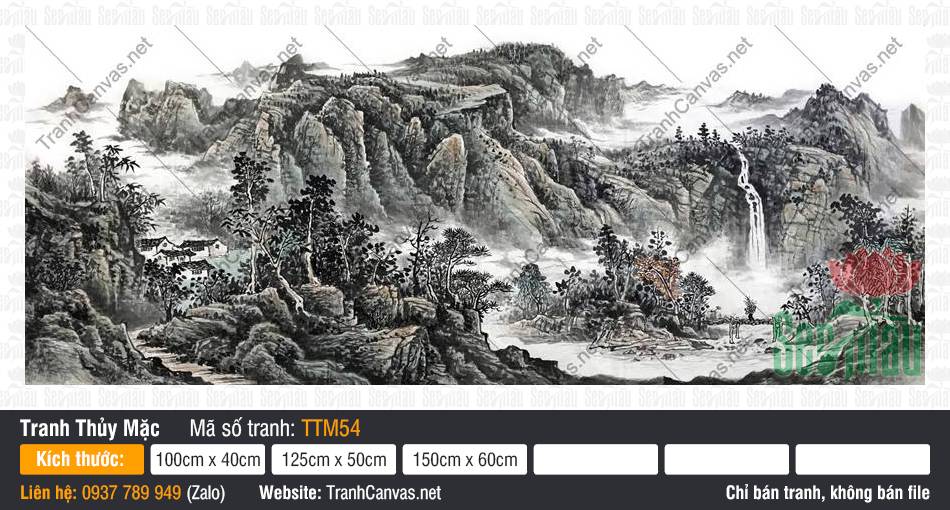 Khung Tranh Thủy Mặc TTM54 Khung tranh thủy mặc vẽ cảnh núi cao sừng sững bên dòng thác và thôn xóm mờ sương