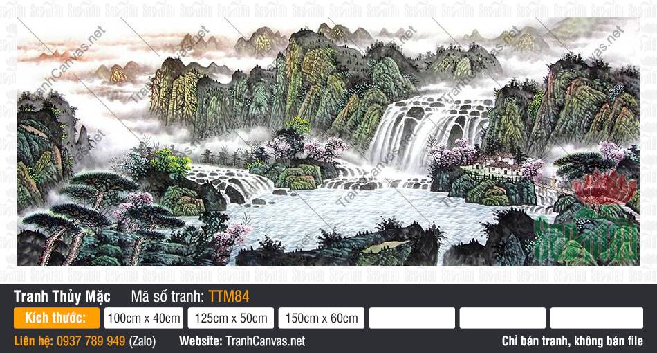 Khung Tranh Thủy Mặc TTM84 Khung Tranh Thủy Mặc TTM84 phong cảnh núi non hùng vĩ cùng dải thác nước