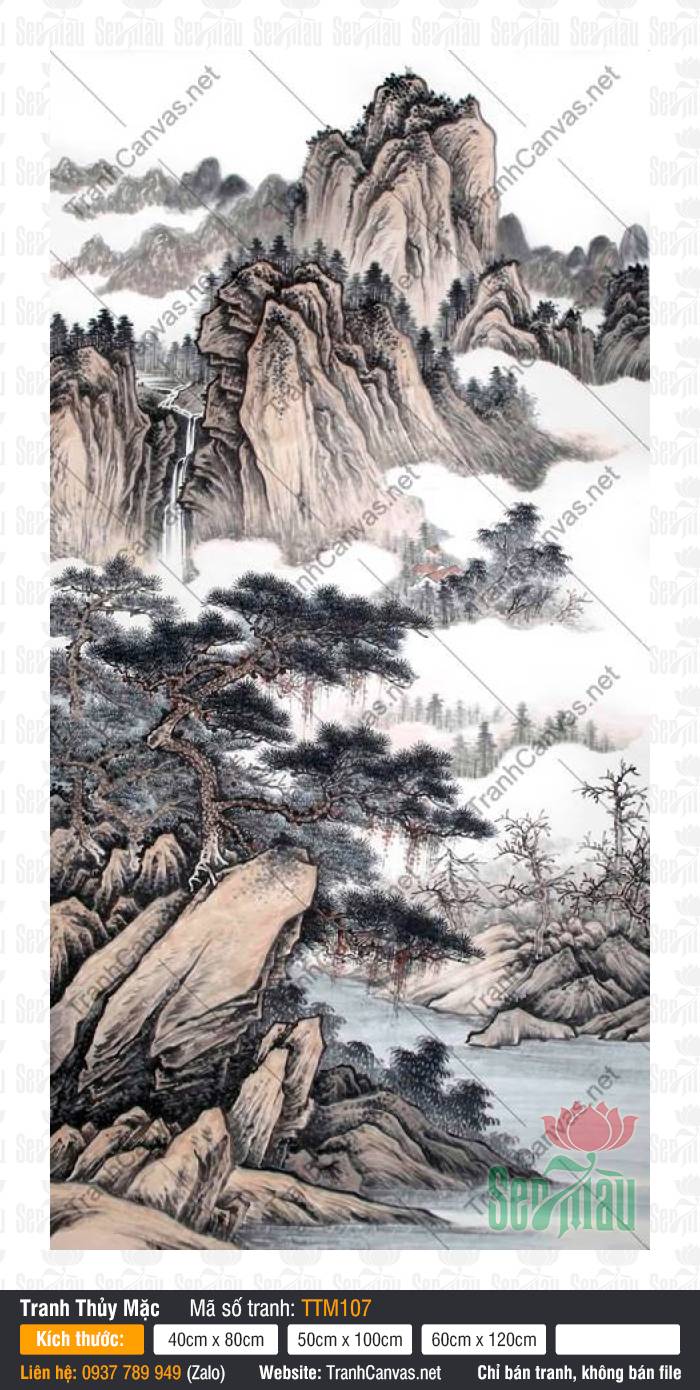 Tranh Phong Thủy Treo Phòng Khách Đẹp TTM107 Tranh Phong Thủy Treo Phòng Khách Đẹp TTM107 họa vách núi đá bên dải thác đổ
