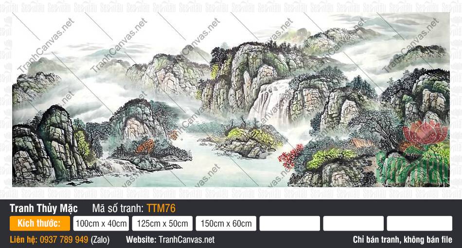 Tranh Phong Thủy Treo Phòng Khách Đẹp TTM76 Tranh Phong Thủy Treo Phòng Khách Đẹp TTM76 phác họa núi đá, thác nước và rặng thông xanh