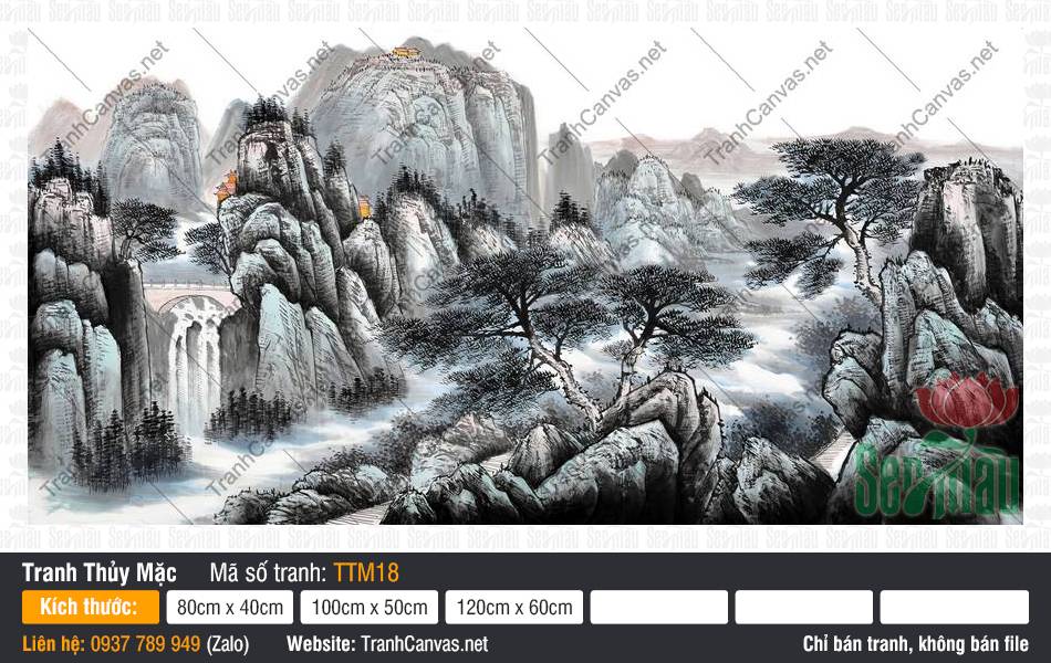 Tranh Thủy Mặc Cổ TTM18 Tranh Thủy Mặc Cổ TTM18 phác họa rặng tùng bên cầu đá và dòng thác