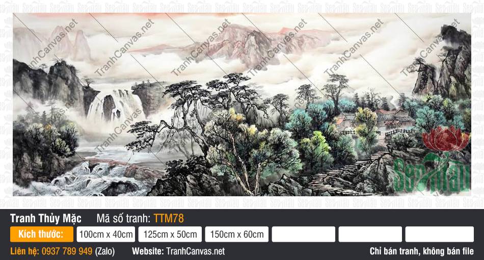 Tranh Thủy Mặc Cổ TTM78 Tranh Thủy Mặc Cổ TTM78 phác họa dải núi đá mờ sương cùng dòng thác nước