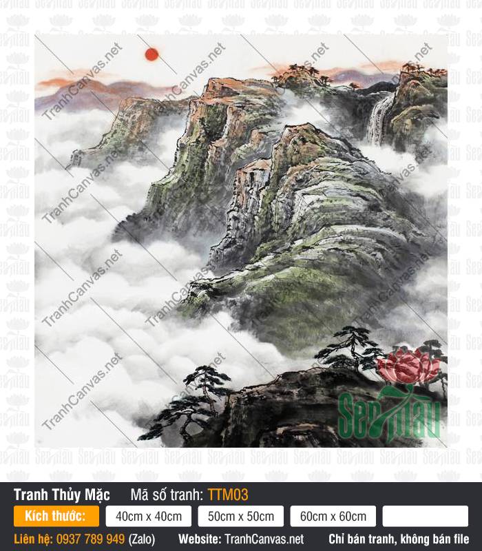 Tranh Thủy Mặc Đẹp Nhất TTM03 Tranh Thủy Mặc Đẹp Nhất tái hiện cảnh sơn thủy hùng vĩ giữa làn mây trắng bồng bềnh