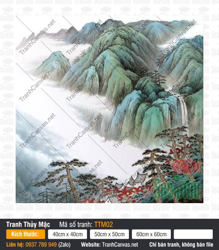 Tranh Thủy Mặc Đẹp TTM02 Tranh Thủy Mặc Đẹp TTM02 vẽ núi non trùng điệp thác nước đổ mây mờ che phủ