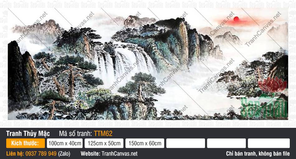 Tranh Thủy Mặc Đẹp TTM62 Tranh Thủy Mặc Đẹp TTM62 khắc họa thác nước cuồn cuộn bên mặt trời đỏ