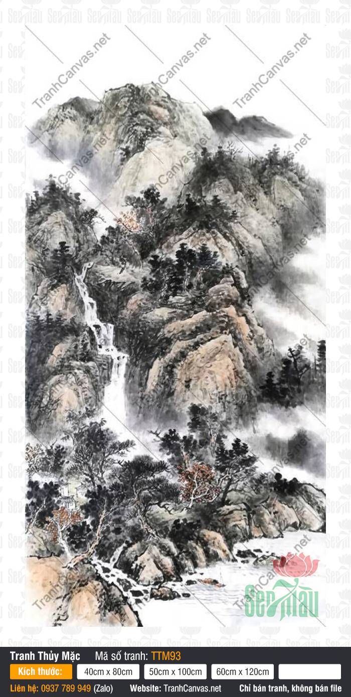 Tranh Thủy Mặc Đẹp TTM93 Tranh Thủy Mặc Đẹp TTM93 phác họa vách núi cao cùng thác nước tuôn chảy