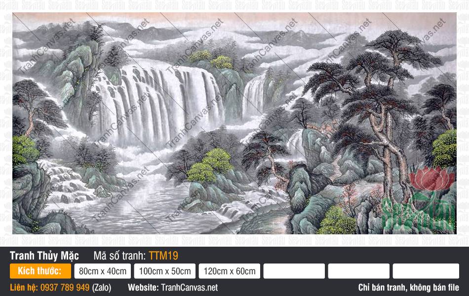 Tranh Thủy Mặc Đơn Giản TTM19 Bức Tranh Thủy Mặc Đơn Giản TTM19 tái hiện cảnh sơn thủy thác nước và rừng tùng cổ thụ