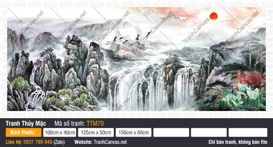 Tranh Thủy Mặc Đơn Giản TTM79 Tranh Thủy Mặc Đơn Giản TTM79 phong cảnh núi non hùng vĩ và bầy hạc bay