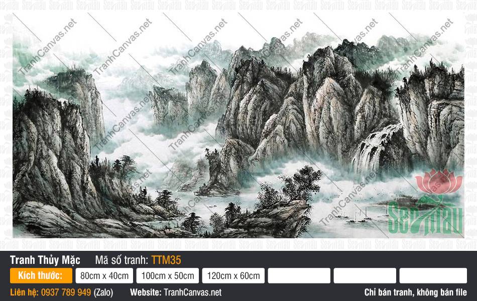 Tranh Thủy Mặc Khổ Lớn TTM35 Tranh Thủy Mặc Khổ Lớn TTM35 khắc họa vách núi đá xanh ngọc bích và dòng thác đổ