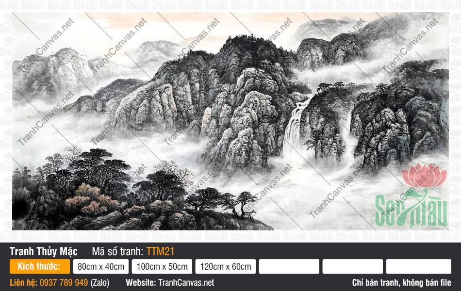 Tranh Thủy Mặc Màu TTM21 Tranh Thủy Mặc Màu TTM21 phác họa dải núi đá trùng điệp cùng dòng thác đổ trắng xóa