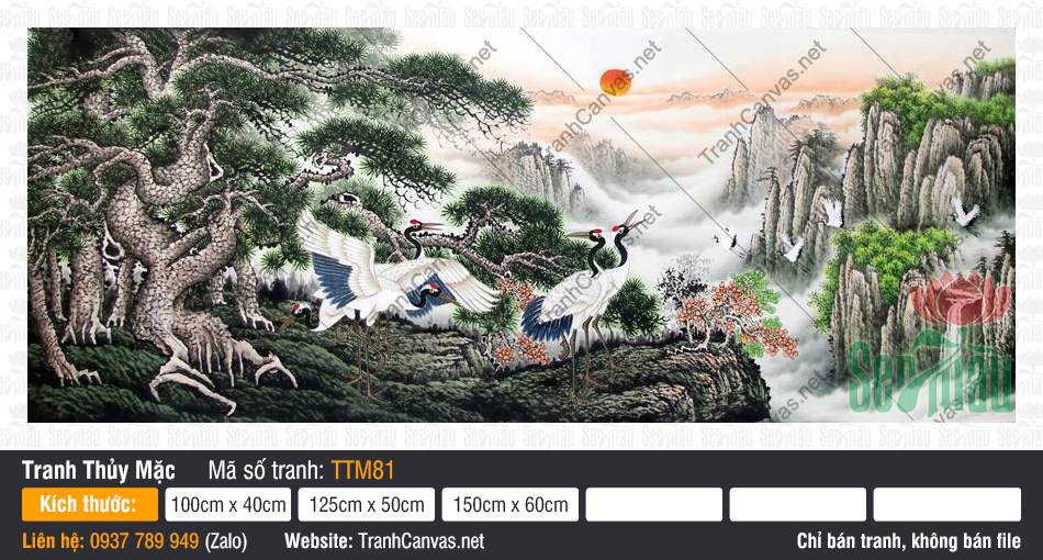 Tranh Thủy Mặc Màu TTM81 Tranh Thủy Mặc Màu TTM81 họa cảnh tùng hạc đón bình minh trên núi cao