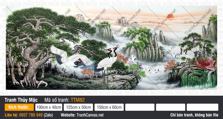 Tranh Thủy Mặc Mua Ở Đâu TTM82 Bức Tranh Thủy Mặc Mua Ở Đâu TTM82 họa cảnh tùng hạc đón ánh rạng đông rực rỡ